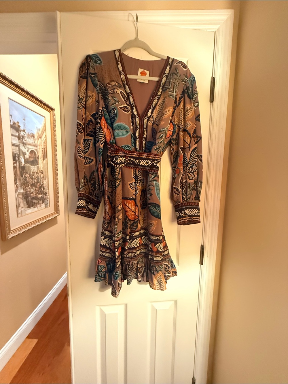 Farm Rio Leaf-Print V-Neck Long-Sleeve Dress